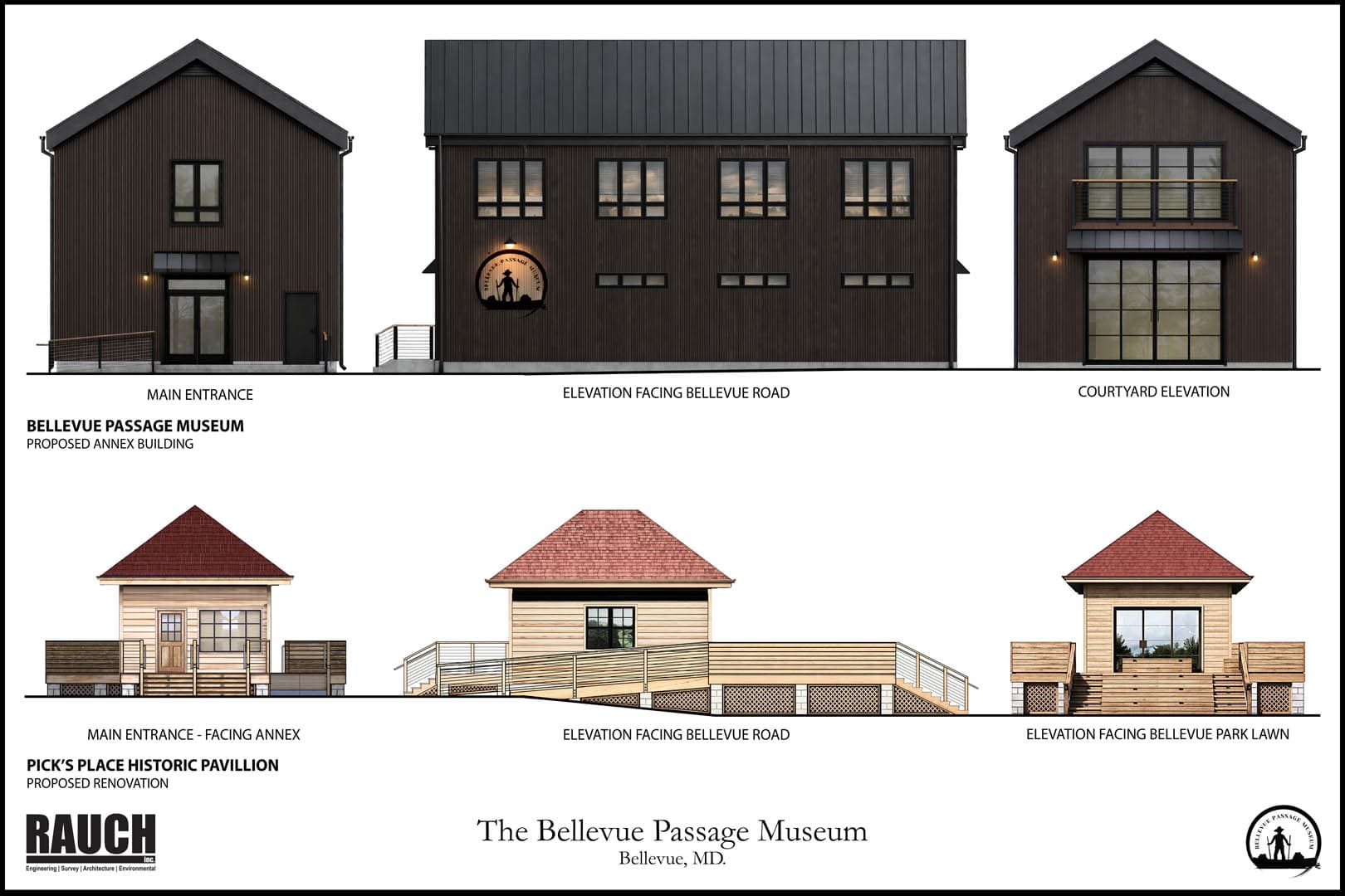 Architectural elevation drawing sheet for the Bellevue Passage Museum showing three elevations of the proposed dark metal annex and three elevations of the Pick's Place Historic Pavilion renovation