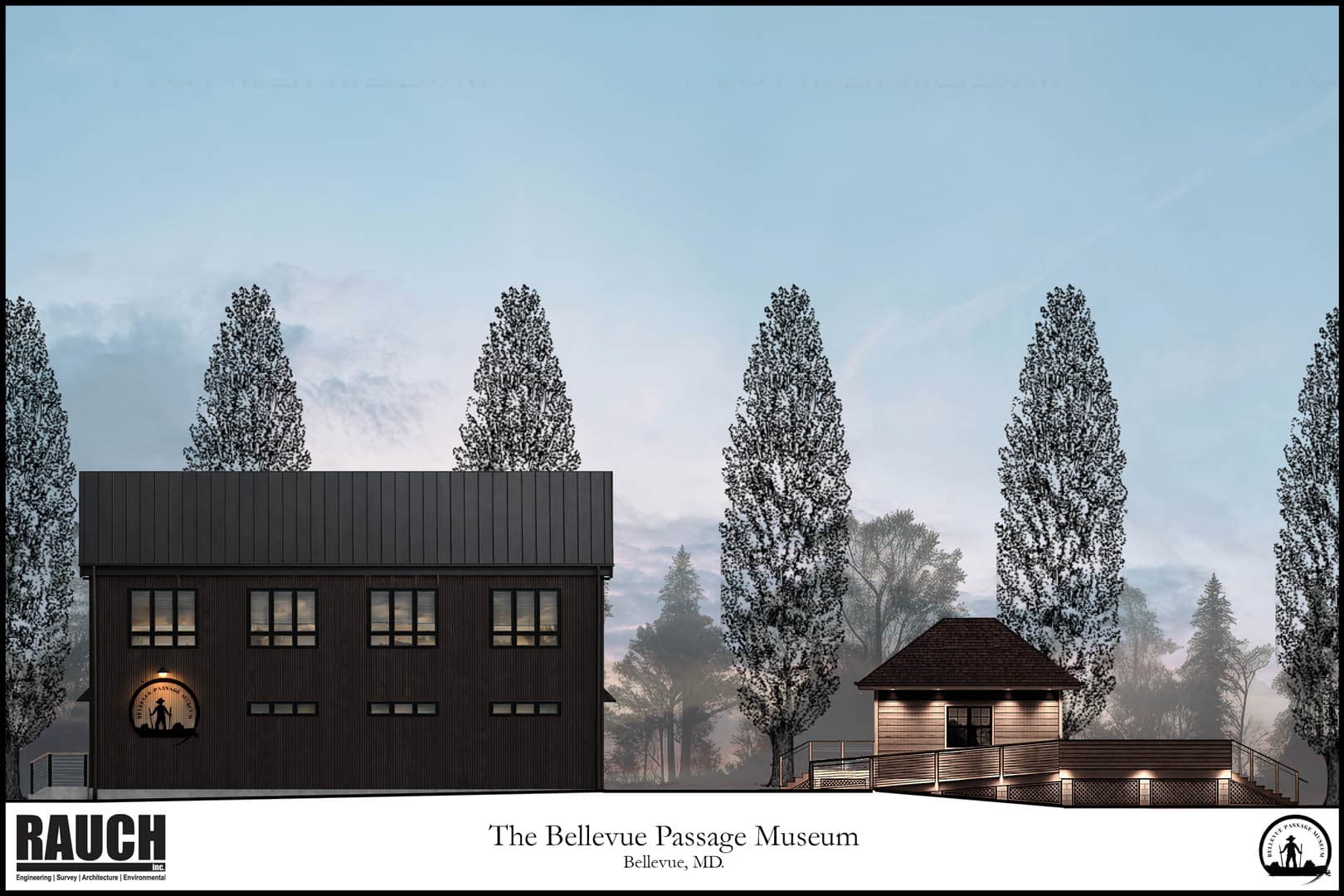 Twilight architectural rendering of the Bellevue Passage Museum showing a dark corrugated metal two-story annex with illuminated windows alongside a smaller wood-clad waterfront pavilion