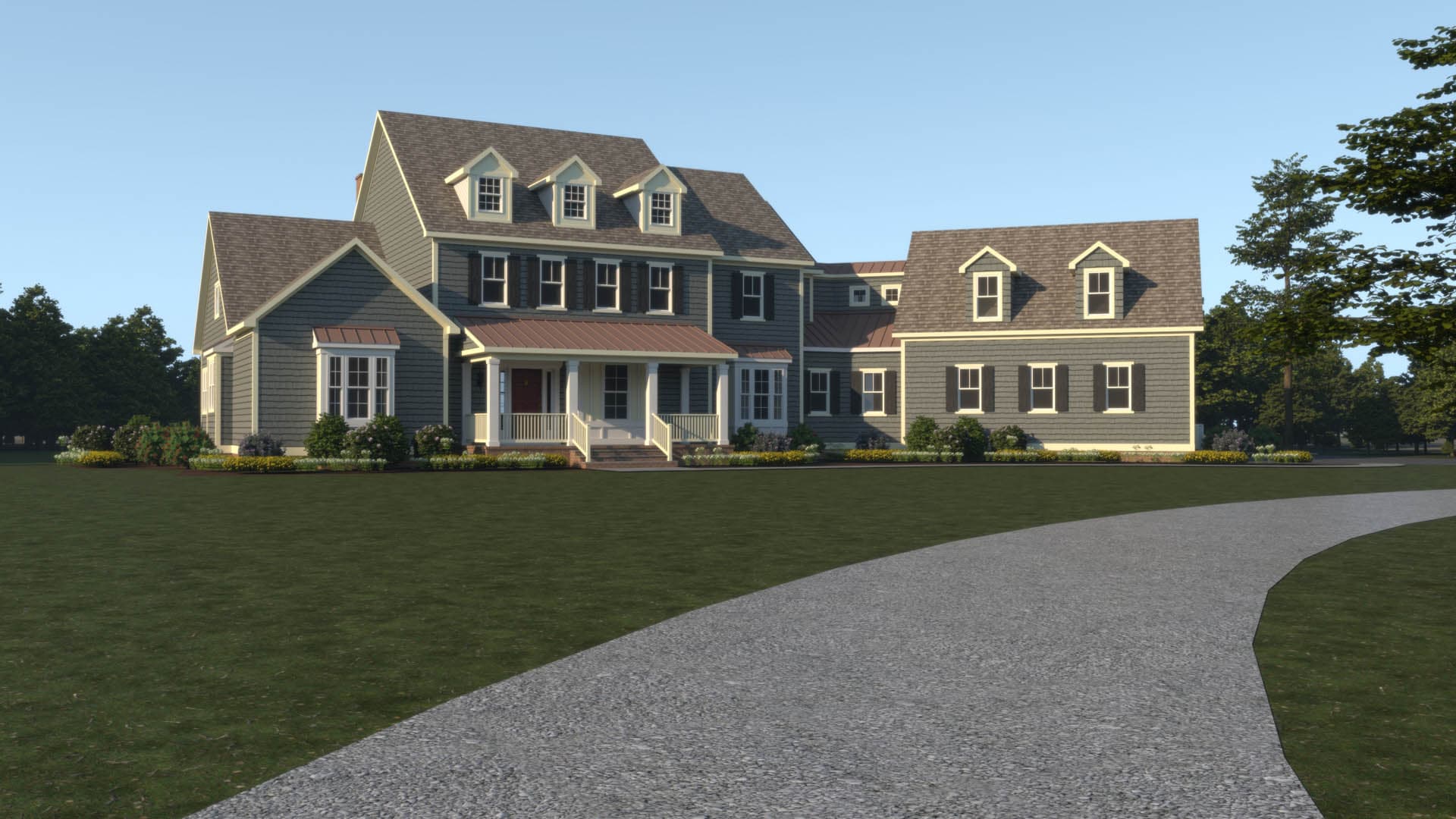 3D architectural rendering of a large two-story colonial-style residence with gray-blue shingle siding, multiple dormers, a covered front porch with red door, and copper accent roofing
