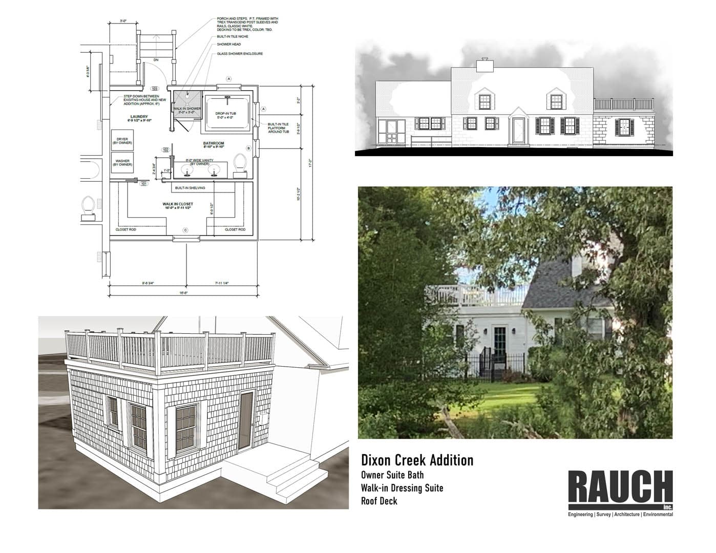 Architectural design board for the Dixon Creek Addition showing a floor plan, a street elevation drawing, a 3D rendering of a cedar shingle addition, and a site photograph