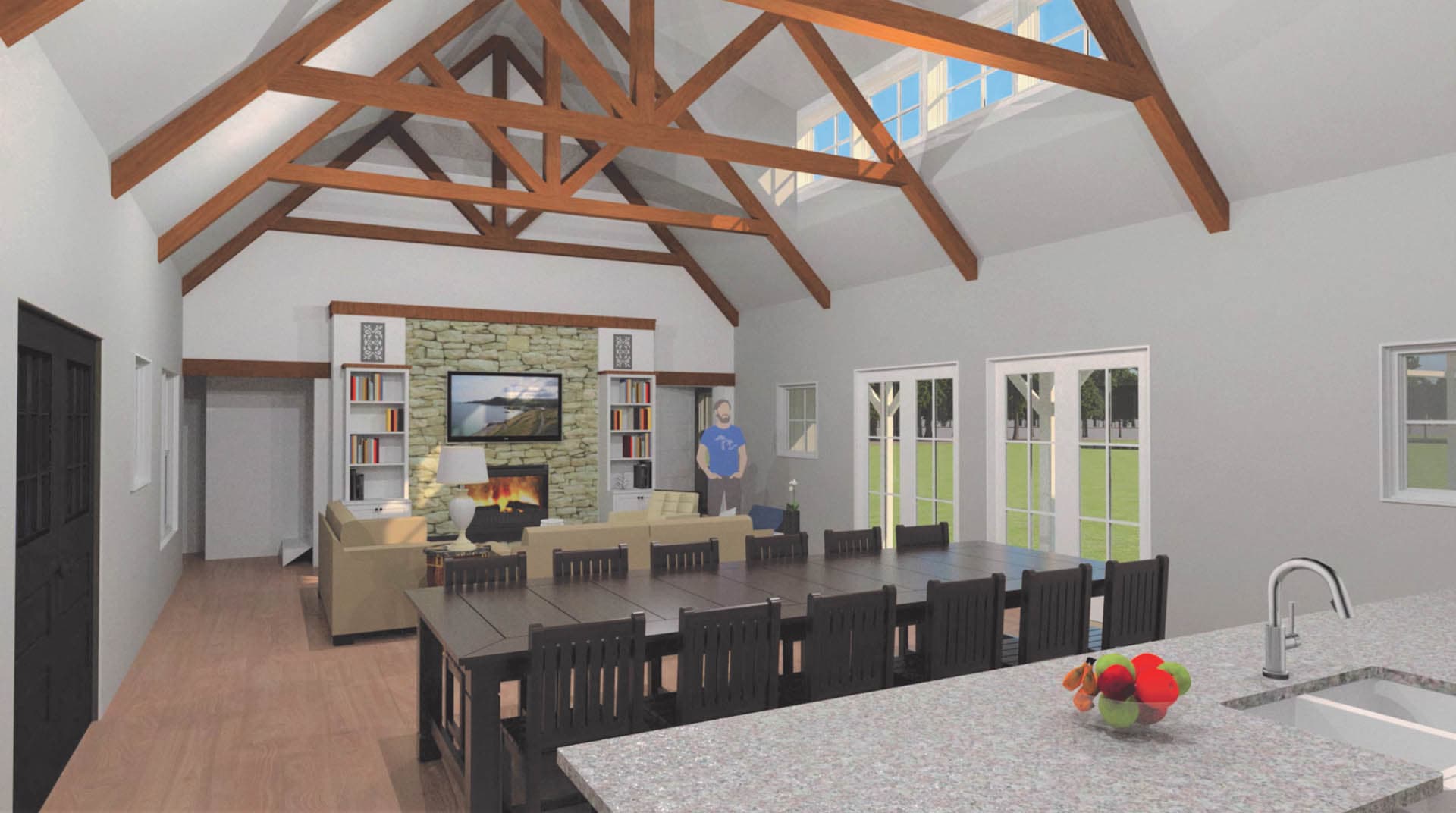 3D interior rendering of a large open-concept great room with vaulted ceiling featuring exposed wood king post trusses, a stone fireplace with built-in bookshelves, and French doors
