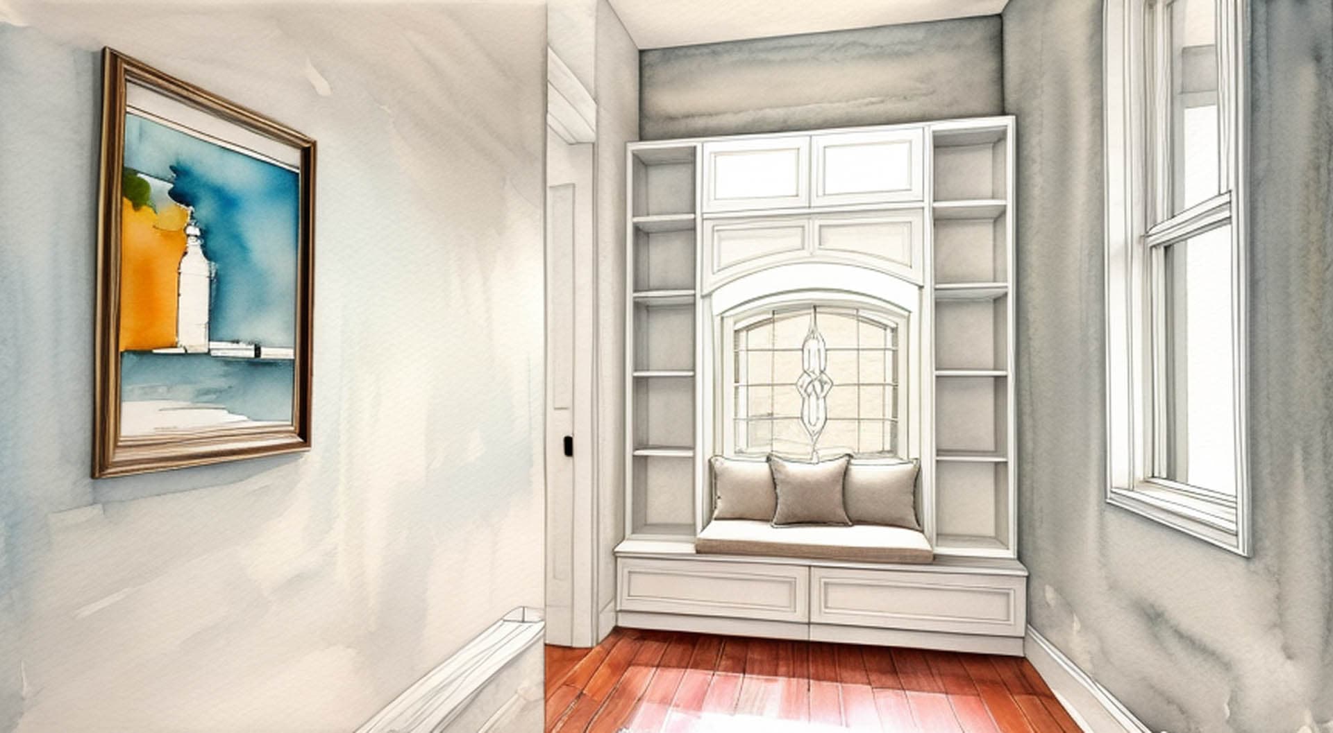 Watercolor architectural interior sketch of a cozy window seat niche with built-in white painted shelving, a cushioned bench with pillows, and an arched stained-glass window