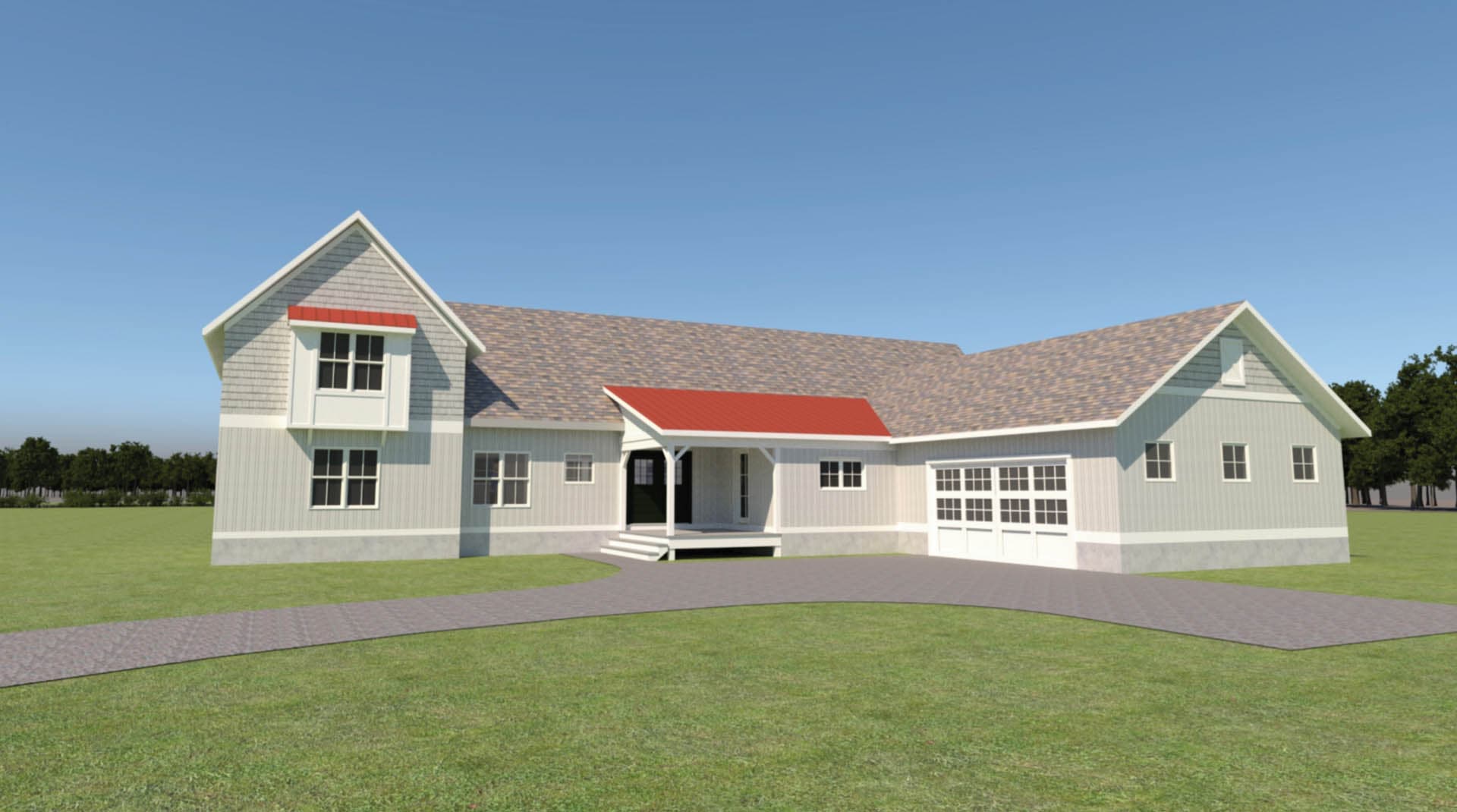 3D rendering of a one-and-a-half-story modern farmhouse with light gray vertical board-and-batten siding, red metal accent roof sections, and a two-car garage wing