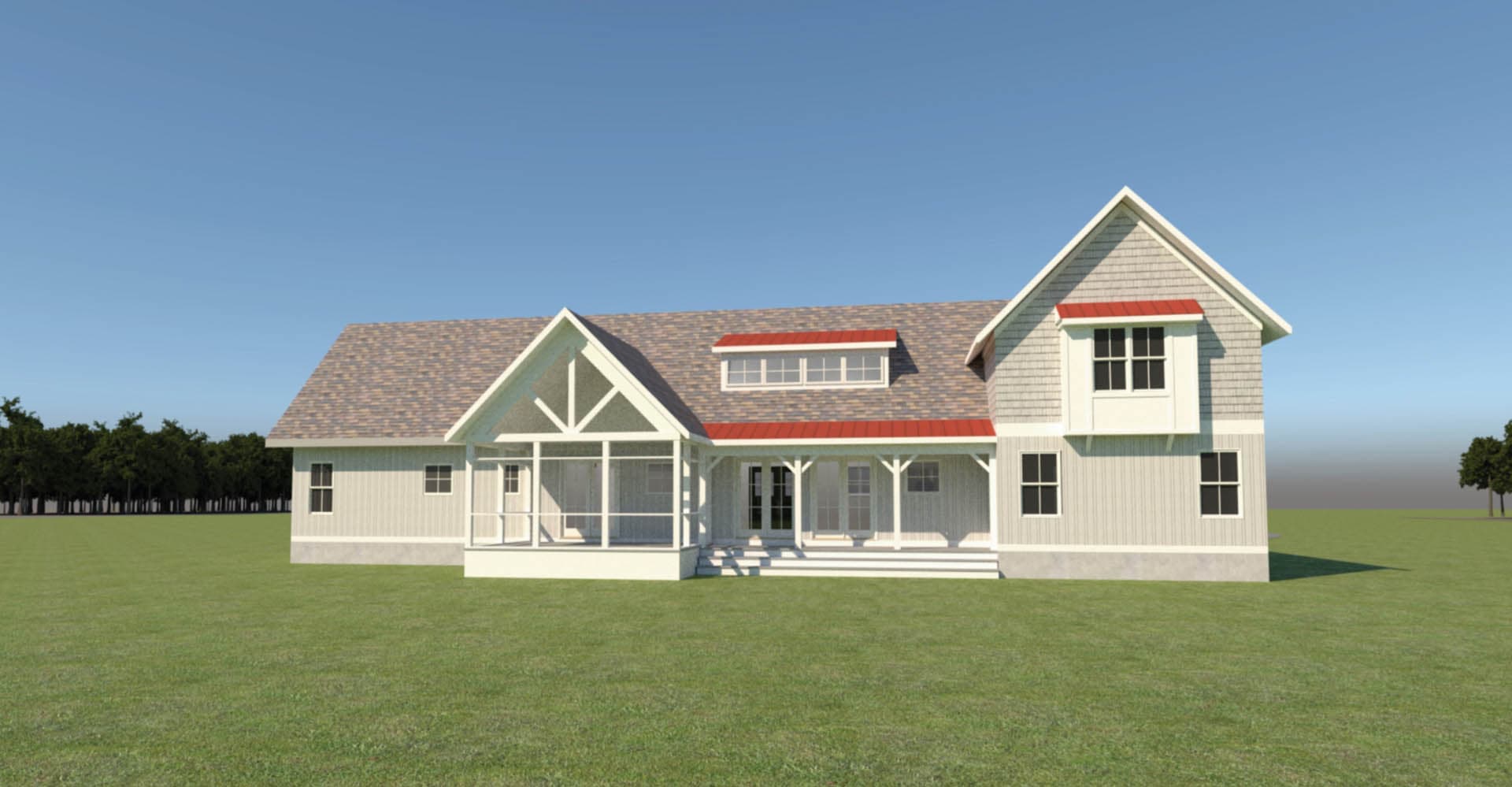 3D rendering of the rear elevation of a modern farmhouse with light gray vertical siding, a screened porch addition, and red metal accent roofing over dormers