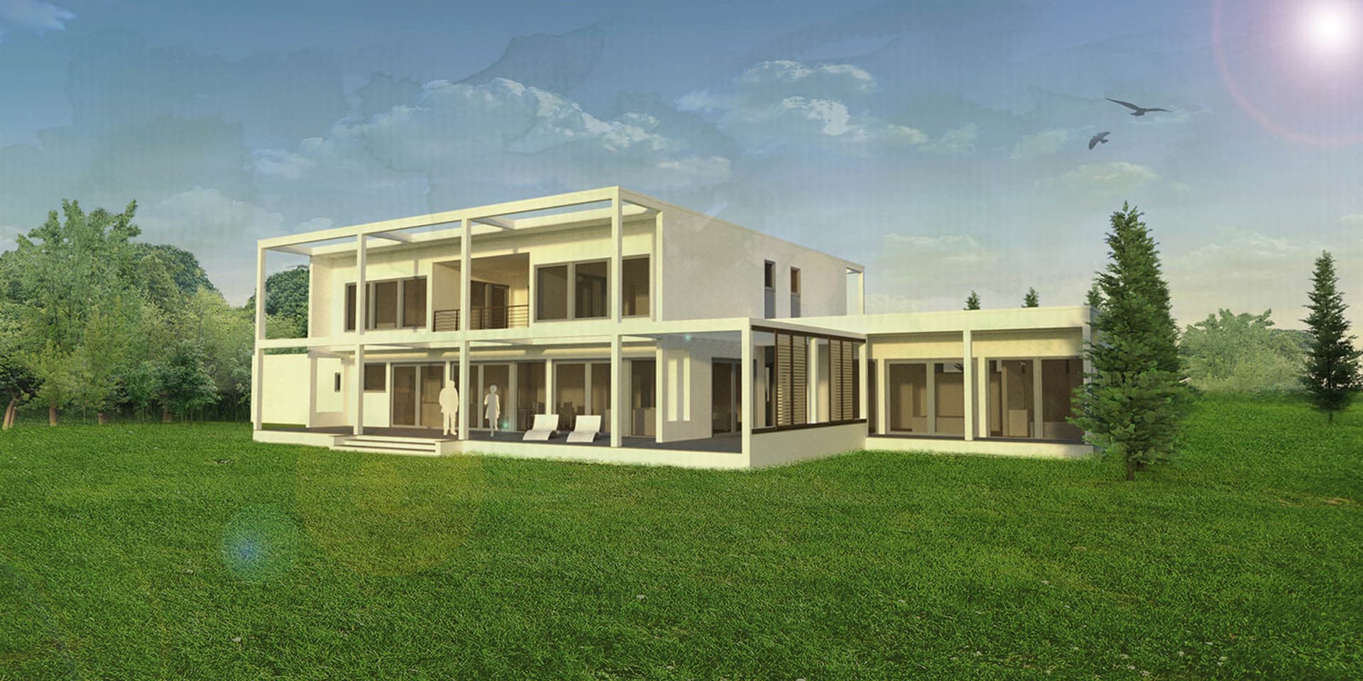 3D rendering of a two-story modern stucco residence with flat and low-slope rooflines, large horizontal windows, a cantilevered upper-floor section, and covered terrace