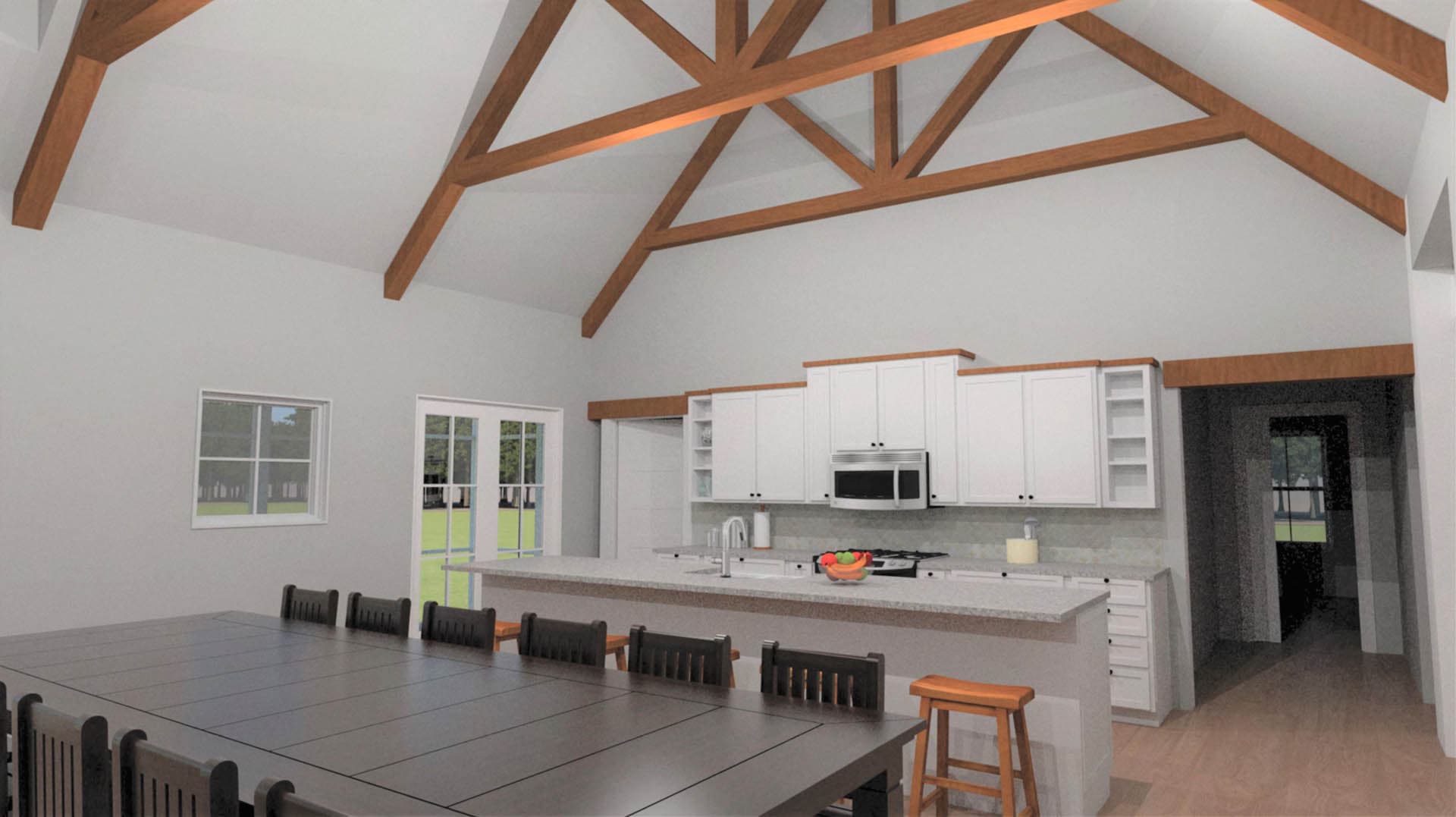 3D interior rendering of an open-concept kitchen and dining area with vaulted ceiling featuring exposed wood king post trusses, white cabinets, and a large island with marble countertop