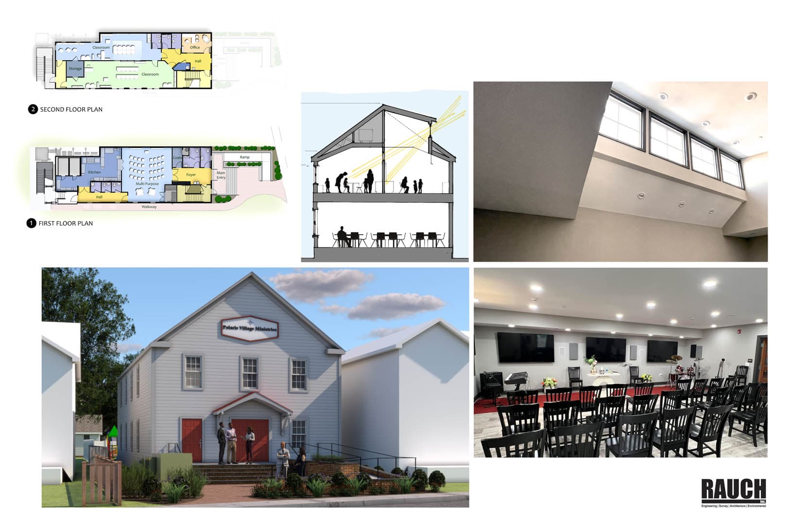 Architectural design board for Polaris Village Ministries showing floor plans, a building section diagram, an exterior rendering, and an interior photo of the completed worship room