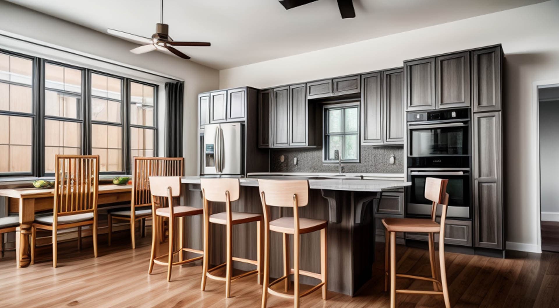 Interior of a completed open-concept kitchen with dark gray stained cabinetry, stainless steel appliances, a marble-top peninsula with bar stools, and hardwood floors