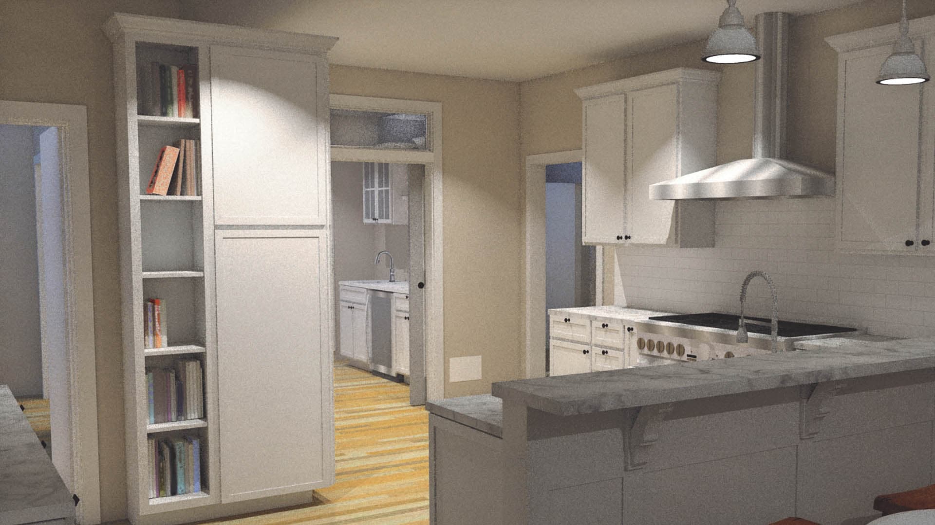 3D interior rendering of a residential kitchen with a marble-top island, white upper cabinets, stainless steel range hood, pendant barn lights, and built-in bookcase