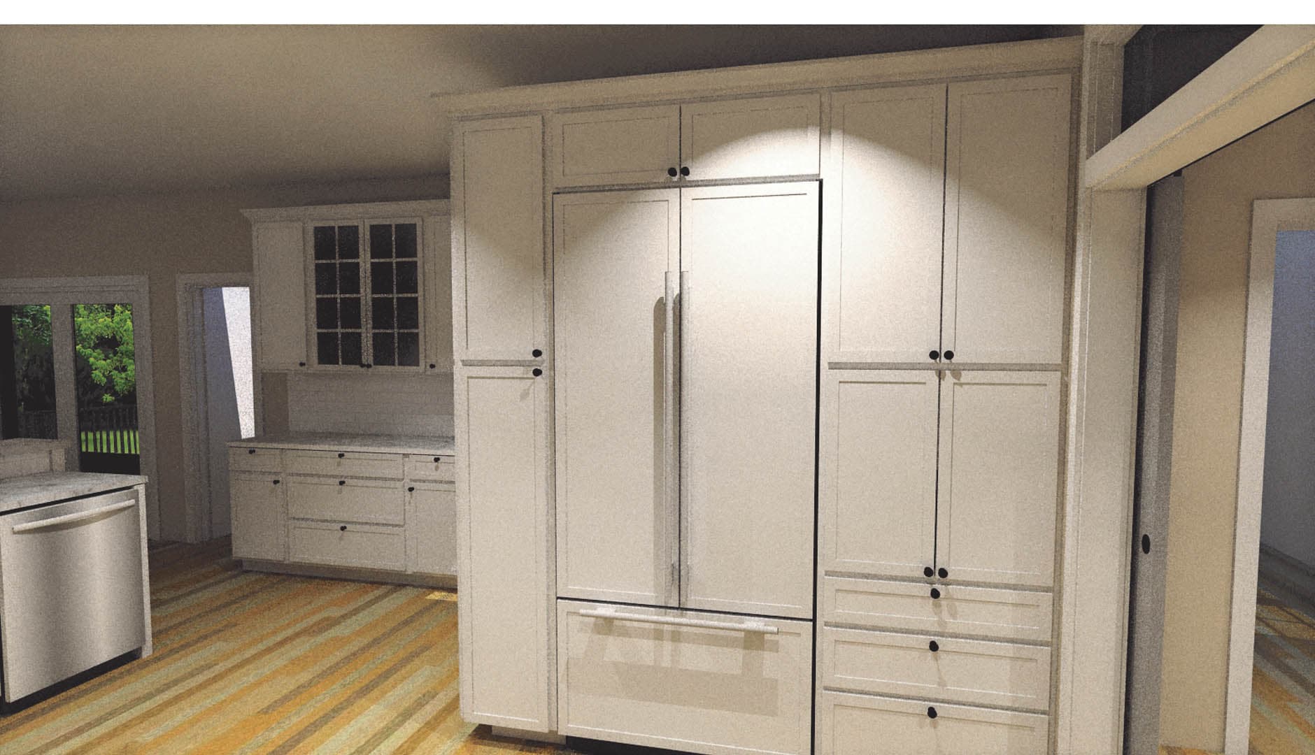 3D interior rendering of a residential kitchen showing a panel-ready built-in French door refrigerator flanked by tall white painted cabinets with black hardware
