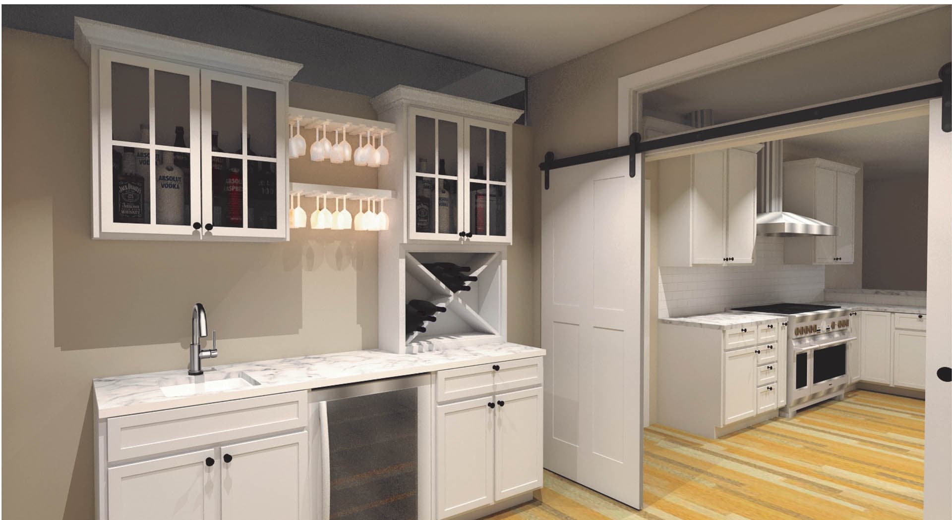 3D interior rendering of a residential wet bar and butler's pantry with white painted cabinetry, glass-front upper cabinets, diamond wine storage, and marble countertop