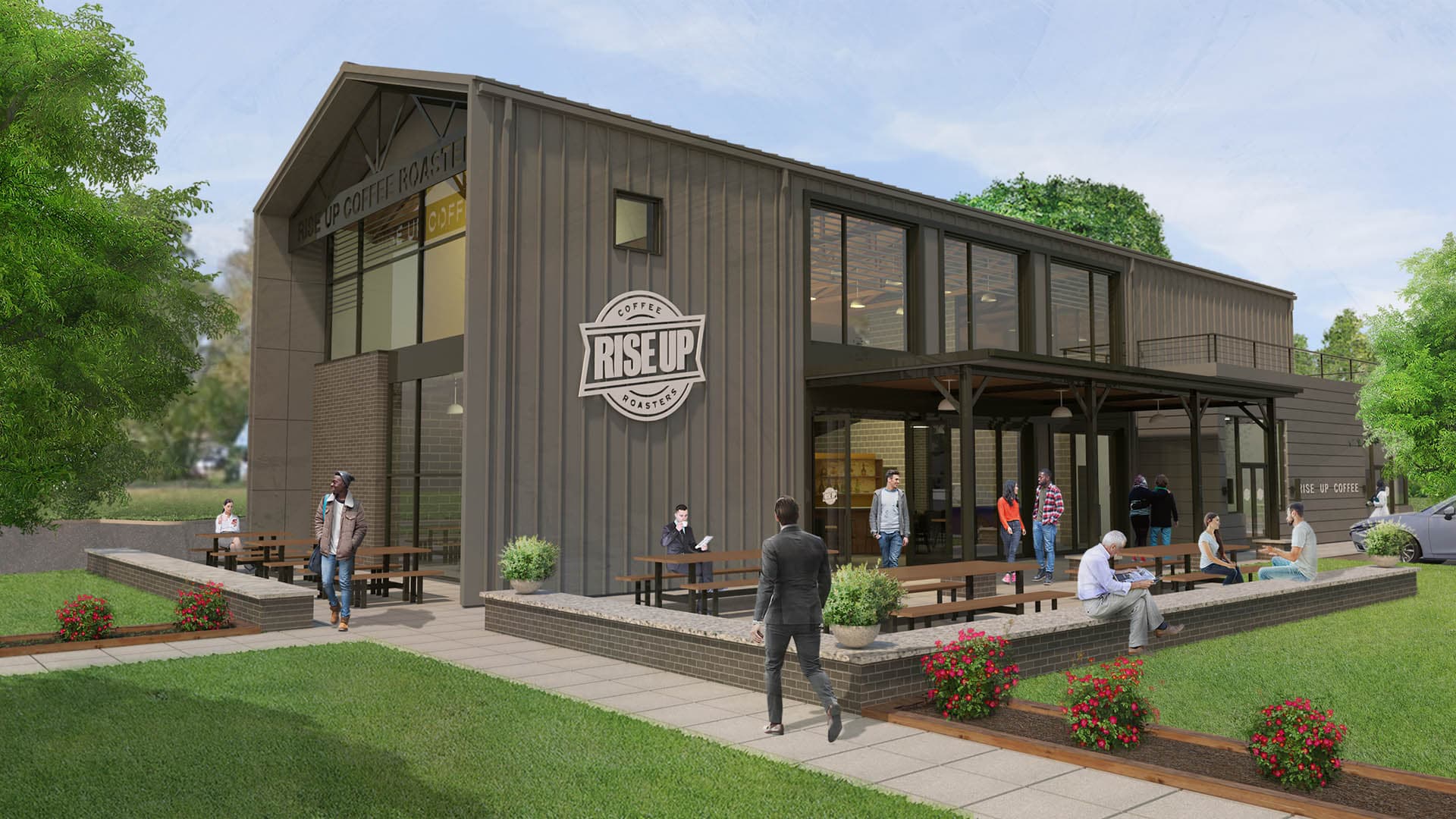 3D rendering of a Rise Up Coffee Roasters commercial building with dark corrugated metal siding, a tall gabled facade with large storefront glazing, and an outdoor covered patio