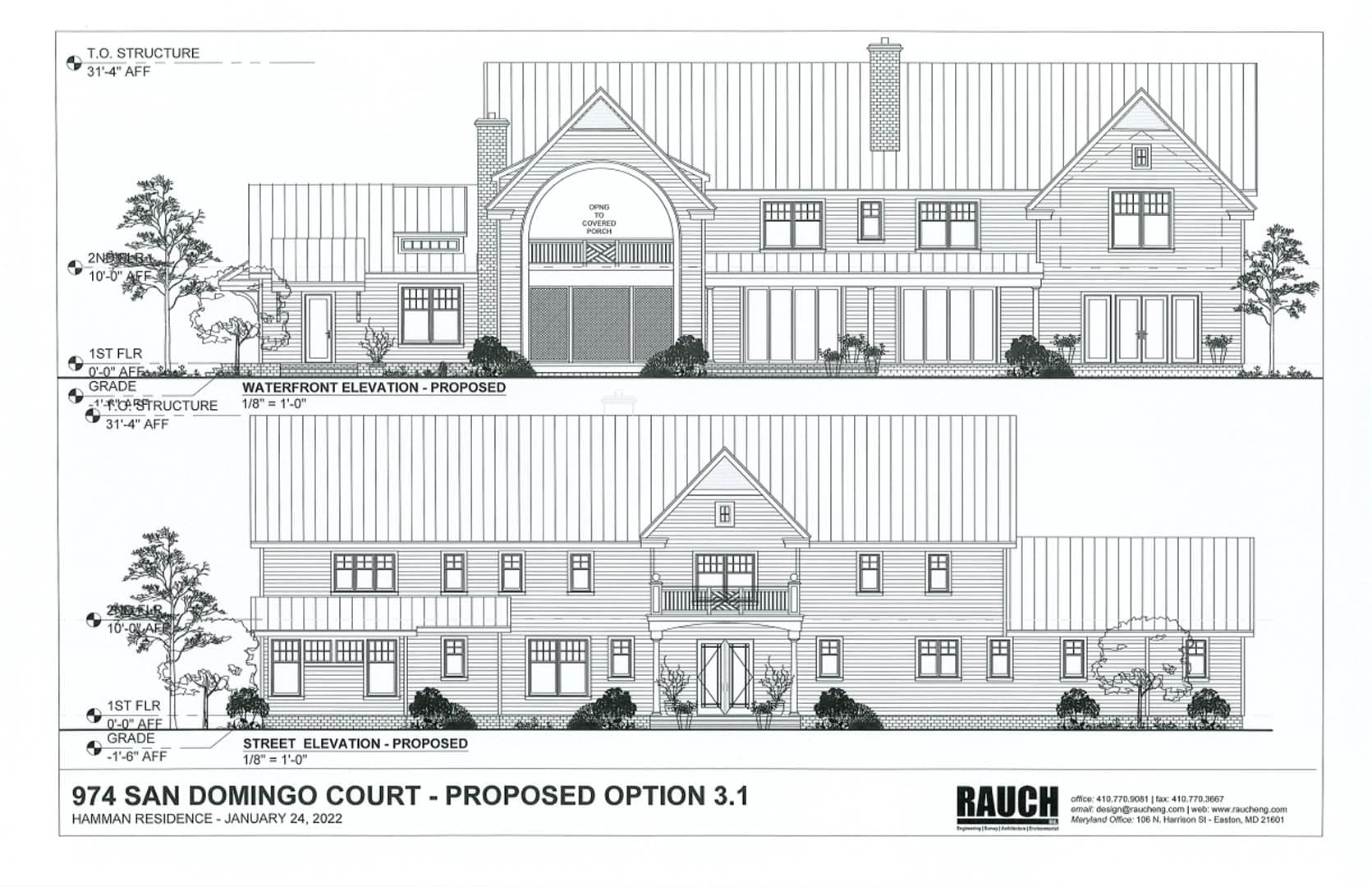 Architectural elevation drawings for the Hamman Residence showing the proposed waterfront elevation with arched covered porch and the street elevation of a large shingle-style home