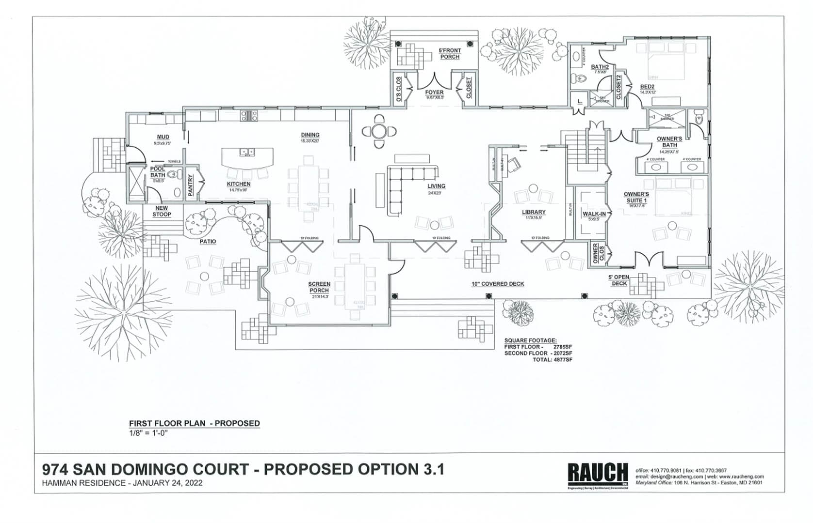 Architectural first floor plan drawing for the Hamman Residence showing a 2,785 square foot layout with kitchen, dining, living room, library, owner suite, and pool