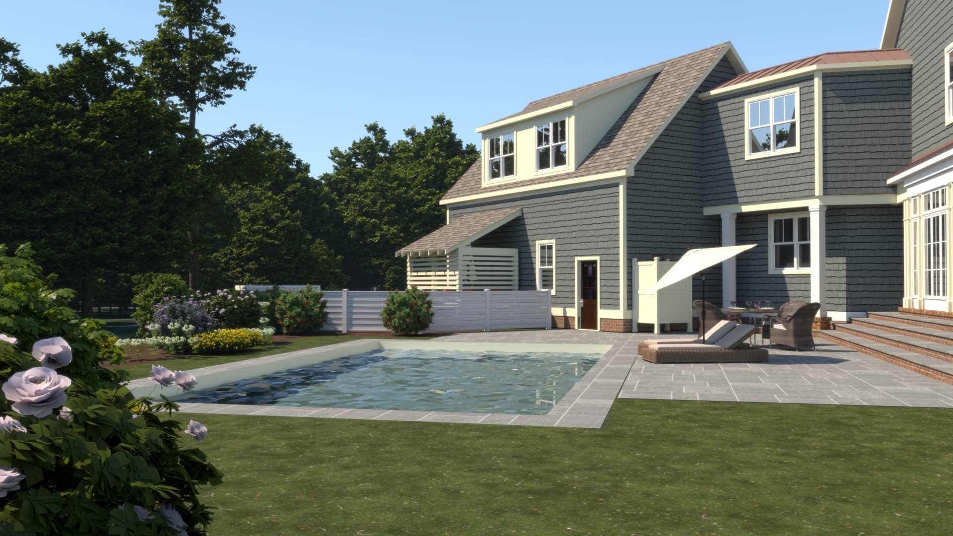 3D rendering of the rear elevation of a gray shingle-style two-story home with a gambrel-style dormer, copper accent roof, adjacent pool, and perennial garden border