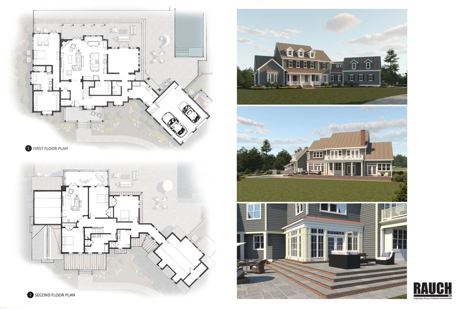 Architectural presentation board for a large shingle-style residence showing first and second floor plans with pool, and multiple 3D exterior renderings
