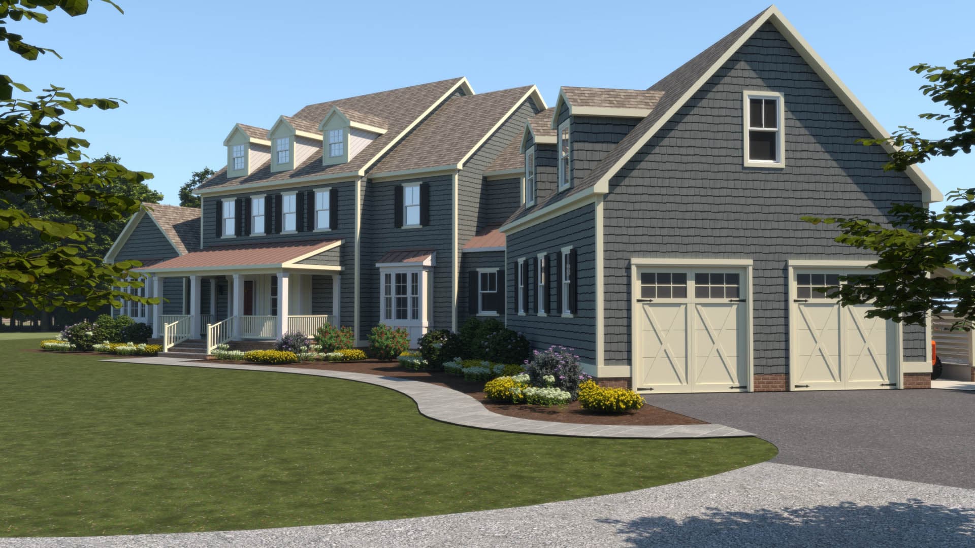 3D rendering of the front elevation of a large gray shingle-style two-story home with multiple dormers, a covered front porch, and attached two-car carriage-style garage