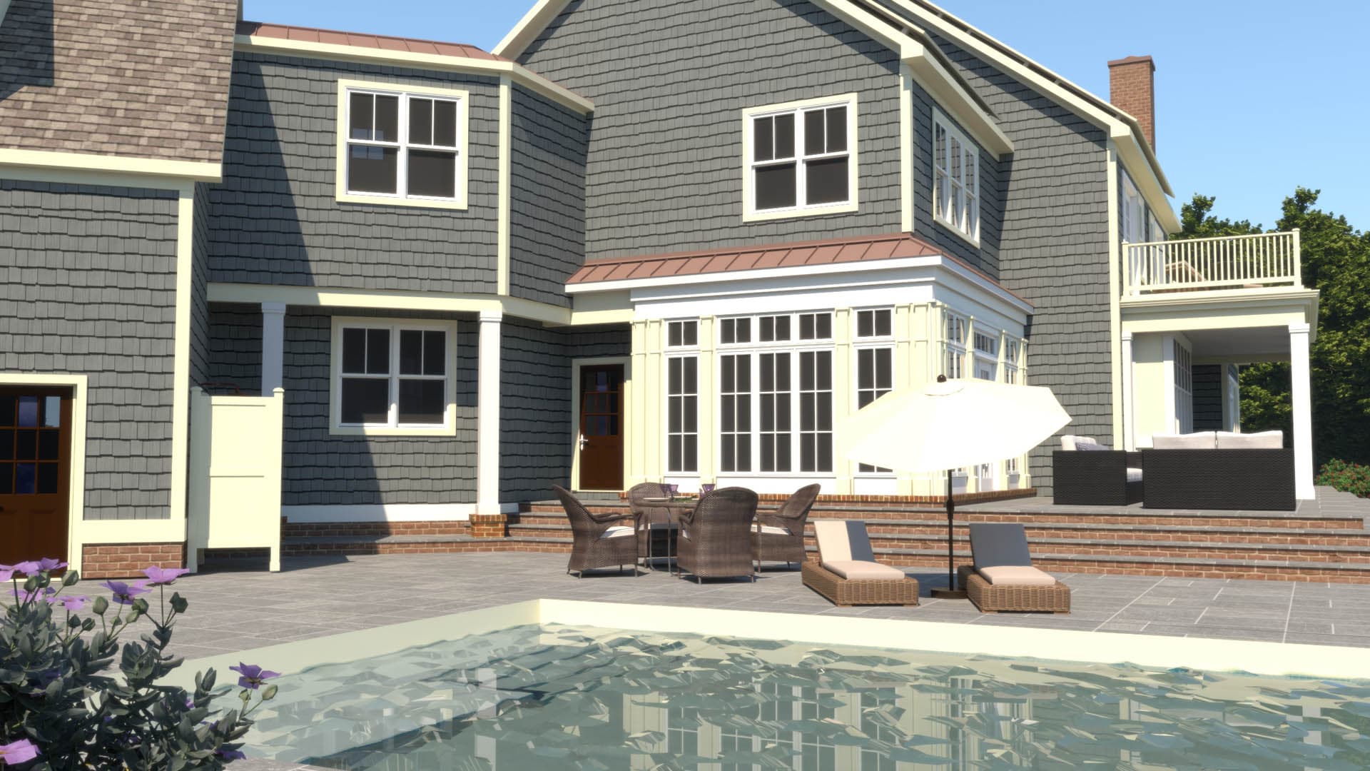3D architectural rendering of the rear of a gray shingle-style two-story residence with a glass sunroom, covered balcony, raised stone patio, and a foreground swimming pool