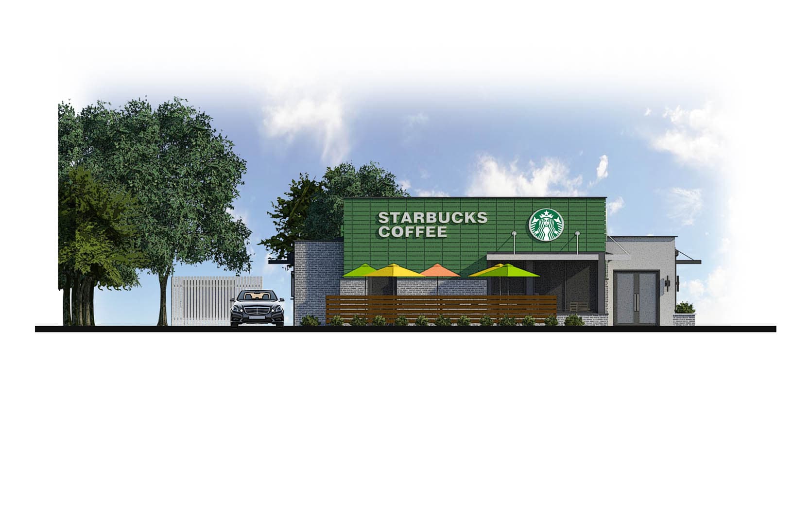 Architectural elevation rendering of a Starbucks Coffee commercial building with a green corrugated metal parapet facade, outdoor umbrellas, and a drive-through lane