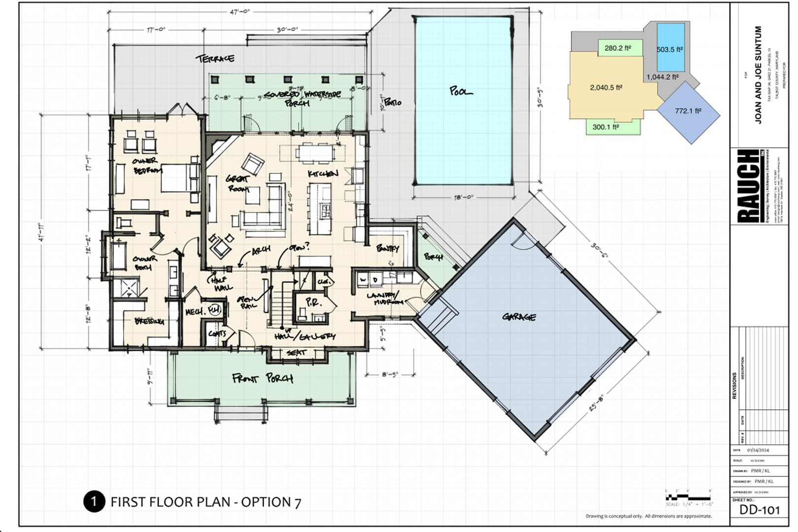 Hand-drafted and colored first floor plan for the Suntum residence in Talbot County showing a 4,877 square foot layout with great room, kitchen, owner suite, and pool