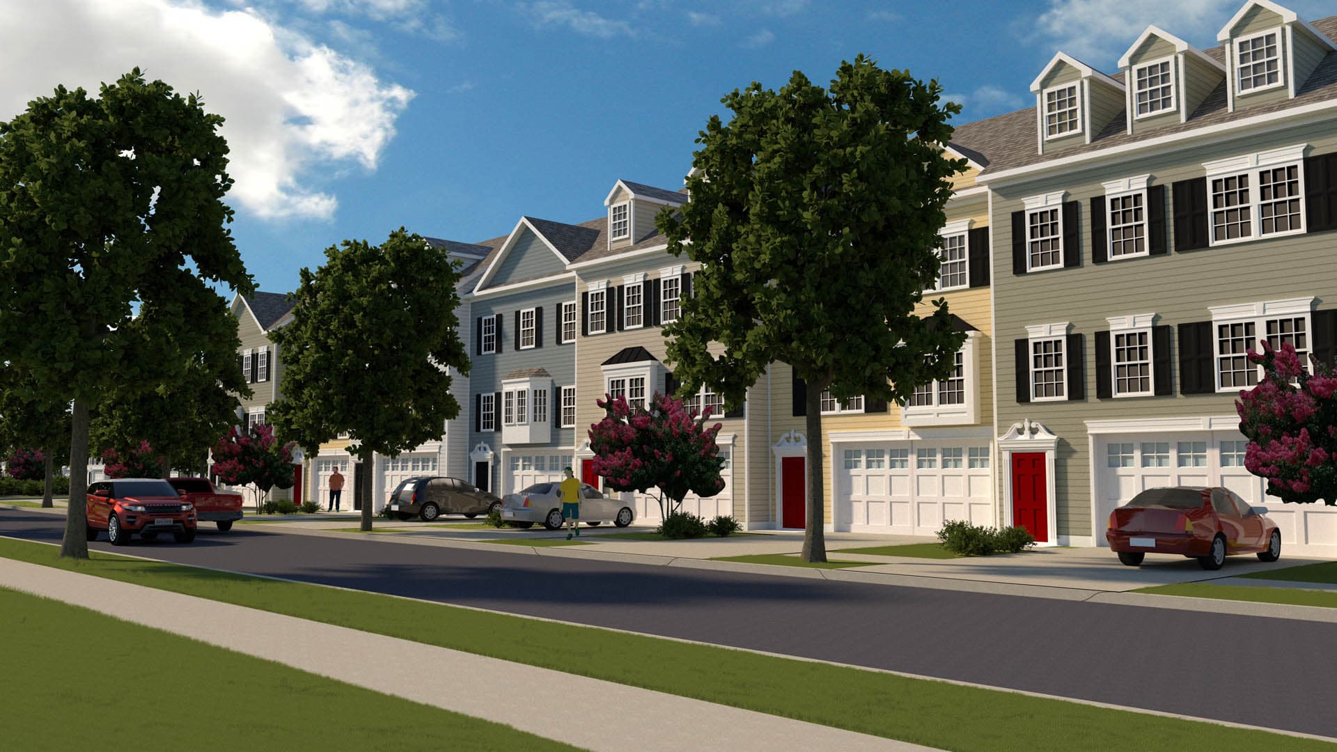 3D architectural rendering of a streetscape of attached colonial-style townhouses with varied gray, yellow, and sage green siding, dormers, and mature street trees
