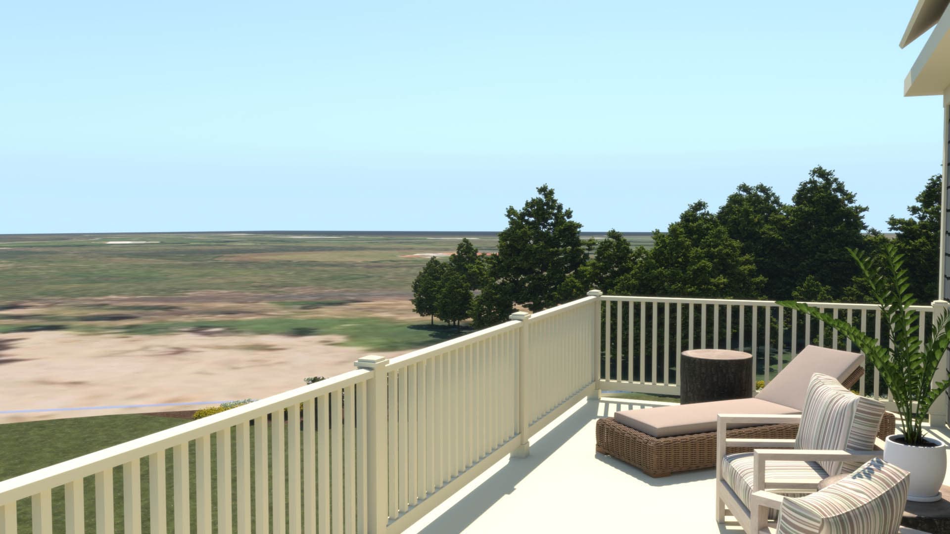 3D architectural rendering of a second-floor outdoor deck with white railing on a coastal residence, furnished with wicker lounge seating overlooking a broad tidal marsh landscape