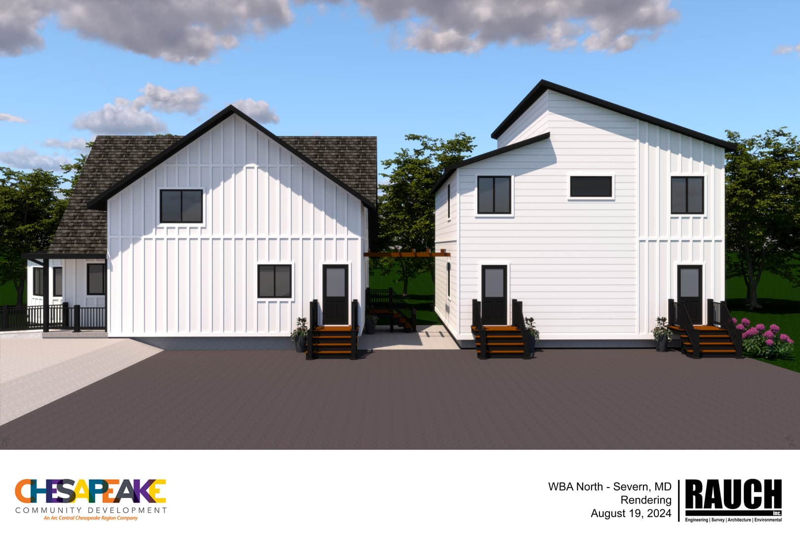 Architectural rendering of two white modern farmhouse-style residential buildings with board-and-batten siding and black trim, labeled as WBA North in Severn, MD