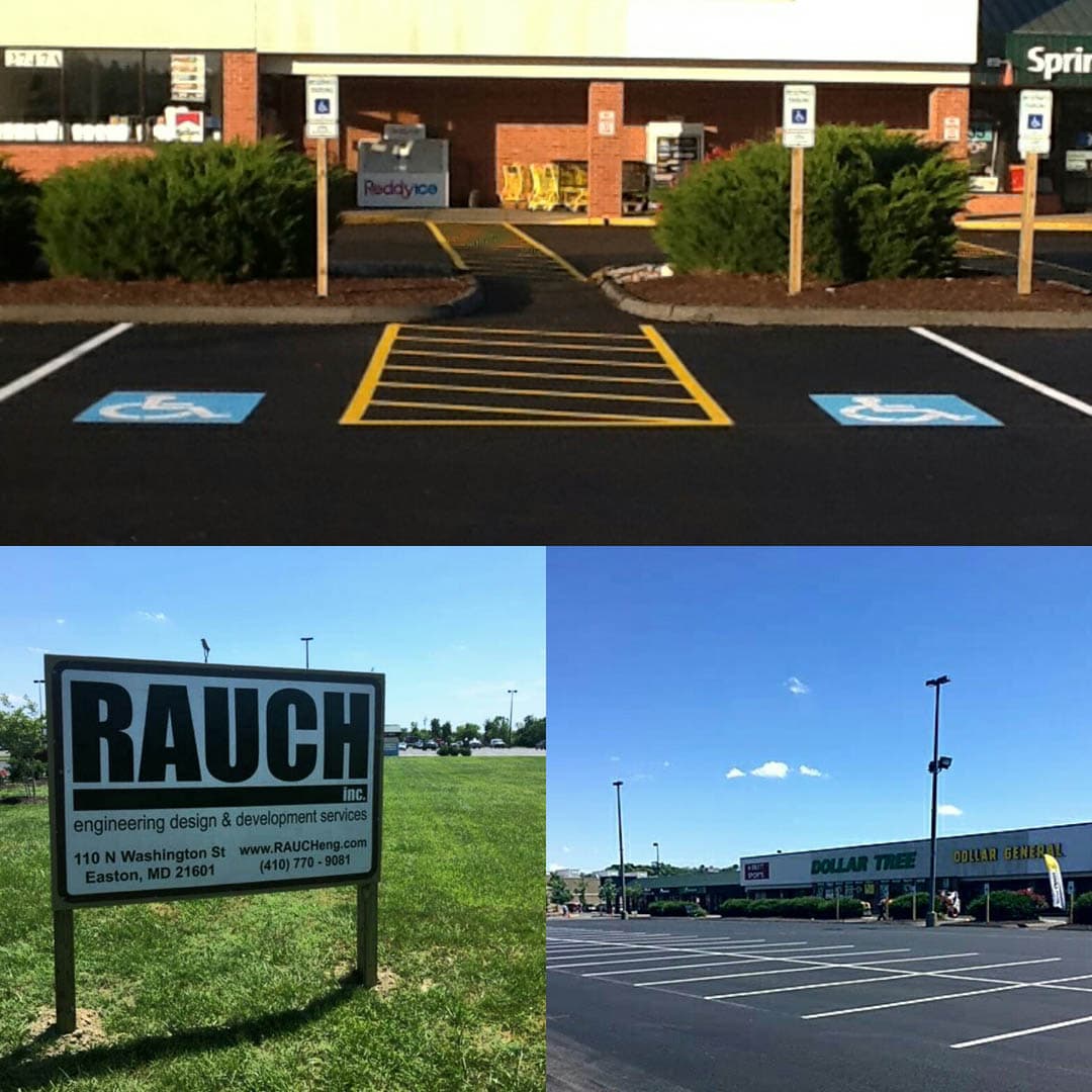 Three-photo collage showing ADA-compliant accessible parking spaces, a RAUCH Inc. engineering sign, and a completed retail strip center parking lot