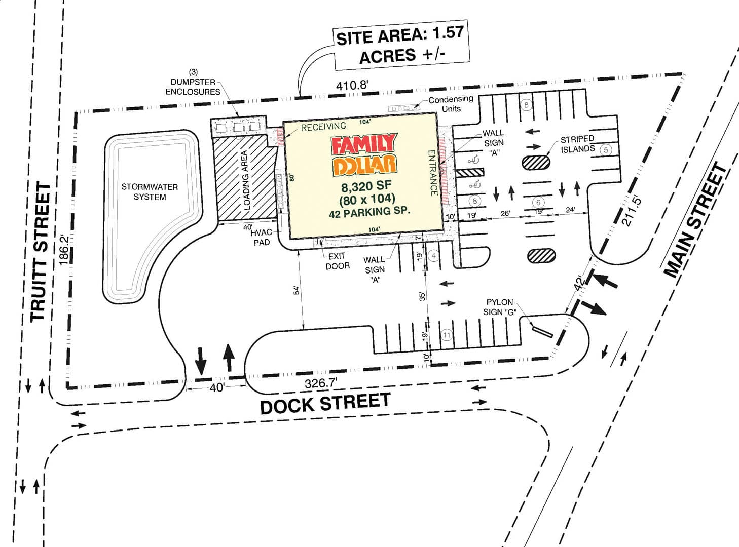 Engineering site plan drawing for a Family Dollar retail site showing building footprint, 42 parking spaces, stormwater system, and loading area