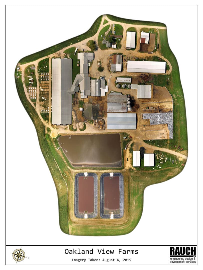RAUCH aerial site map of Oakland View Farms showing agricultural buildings, storage structures, grain silos, waste lagoons, and retention ponds