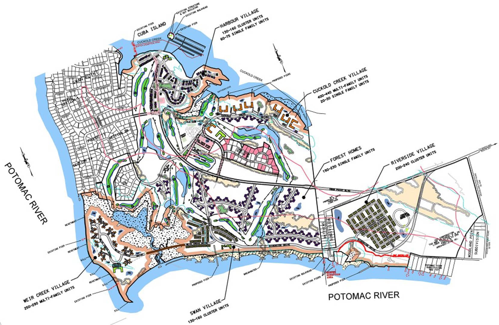 Detailed engineering site plan drawing for Swan Point development along the Potomac River showing phased residential villages, golf course, and waterfront structures
