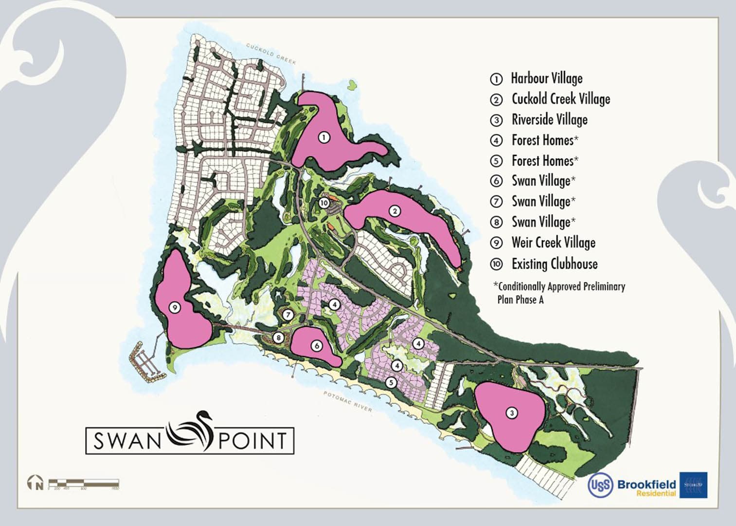 Illustrated master plan map of Swan Point mixed-use development on the Potomac River showing labeled villages including Harbour Village and Forest Homes