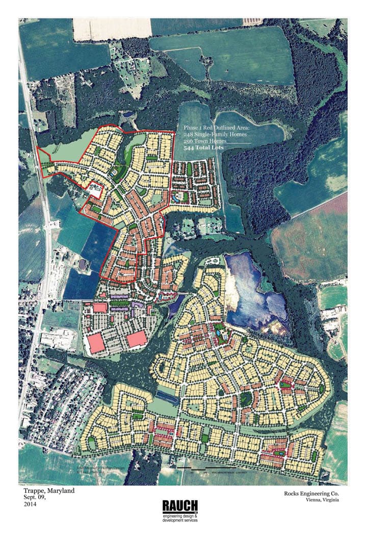 RAUCH aerial site plan overlay for a large residential development in Trappe, Maryland showing 544 total lots with Phase 1 highlighting 248 single-family homes and 296 townhomes