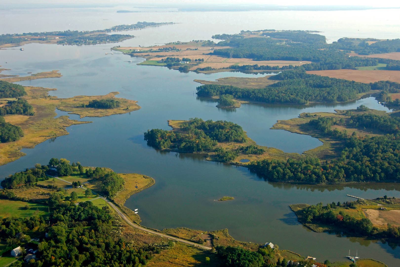 Aerial view of Chesapeake Bay tidal wetlands showing a patchwork of wooded islands, golden marsh grasses, agricultural fields, and open water channels along the Eastern Shore