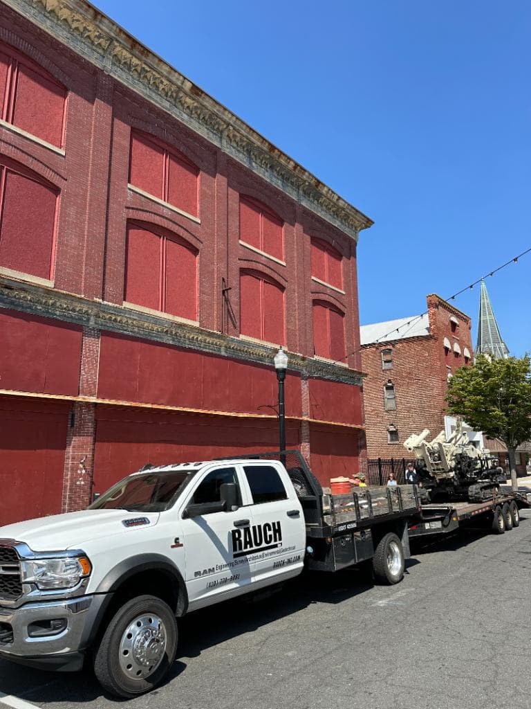 RAUCH equipment truck arriving at a downtown environmental assessment site
