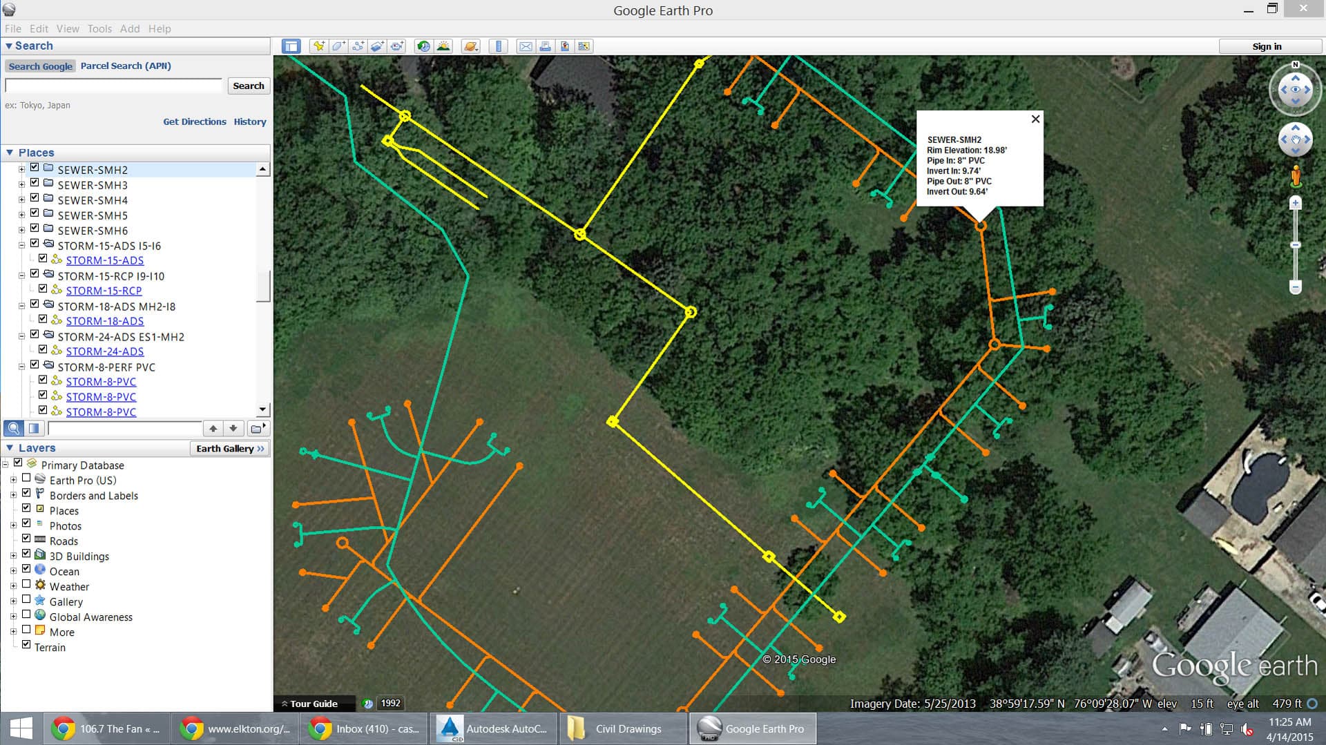 GIS data layer displayed in Google Earth Pro showing color-coded sewer pipe network lines with manhole data popups overlaid on aerial imagery