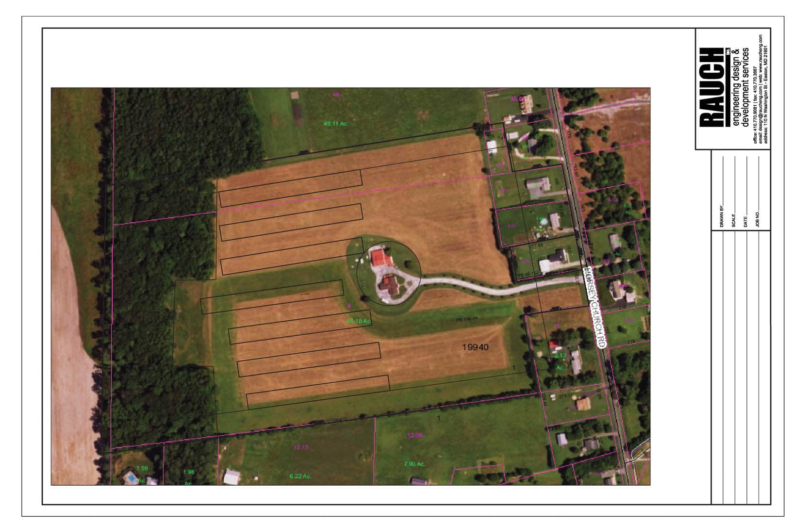 RAUCH aerial GIS parcel map showing farmland divided into labeled acreage parcels with property boundaries drawn over an aerial photograph