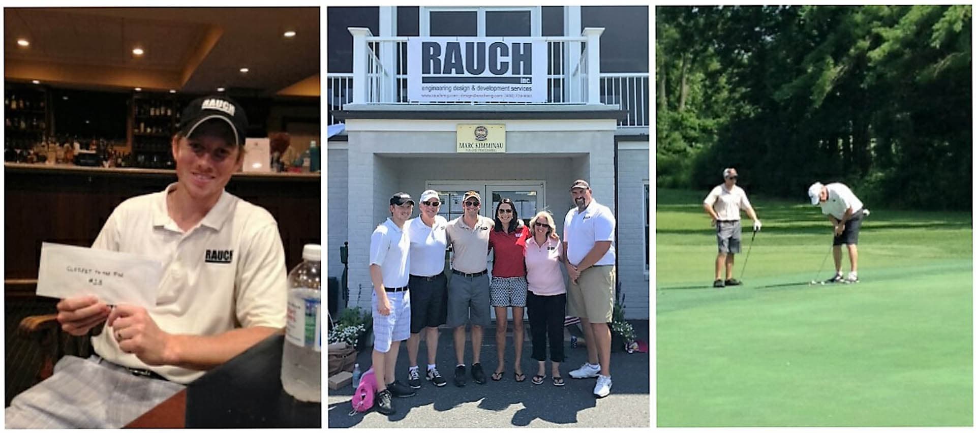 Three-panel collage showing RAUCH Inc. staff at a charity golf tournament with a closest-to-the-pin prize, team group photo, and golfers putting