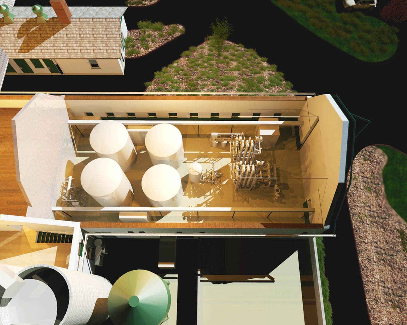 Aerial 3D cutaway rendering of a water treatment building showing four large internal storage tanks, a piping bay, and adjacent site structures