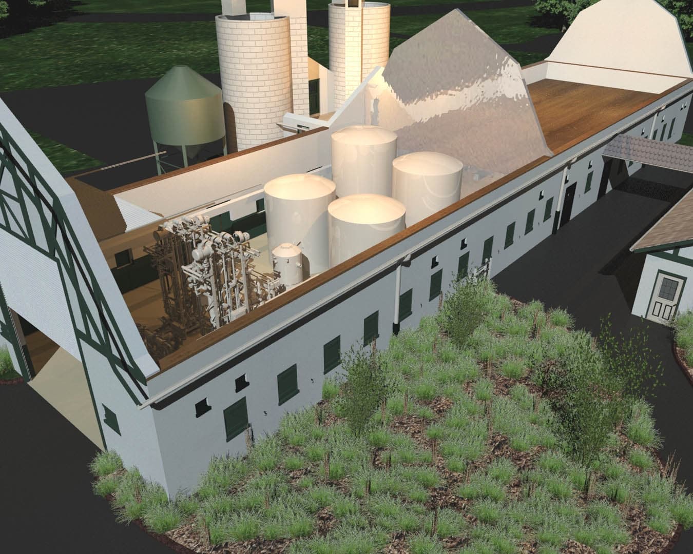 Aerial cutaway 3D rendering of a water treatment facility showing internal storage tanks, process equipment, and multiple connected barn-style buildings