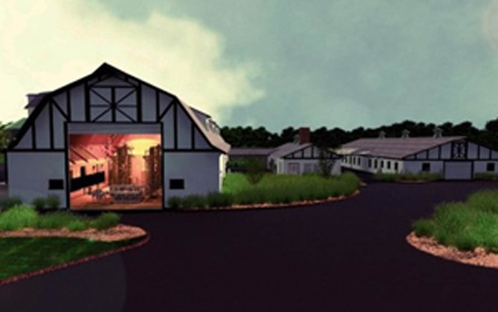 3D rendering of a water treatment facility exterior showing a barn-style building with a cutaway view revealing process equipment and tanks inside