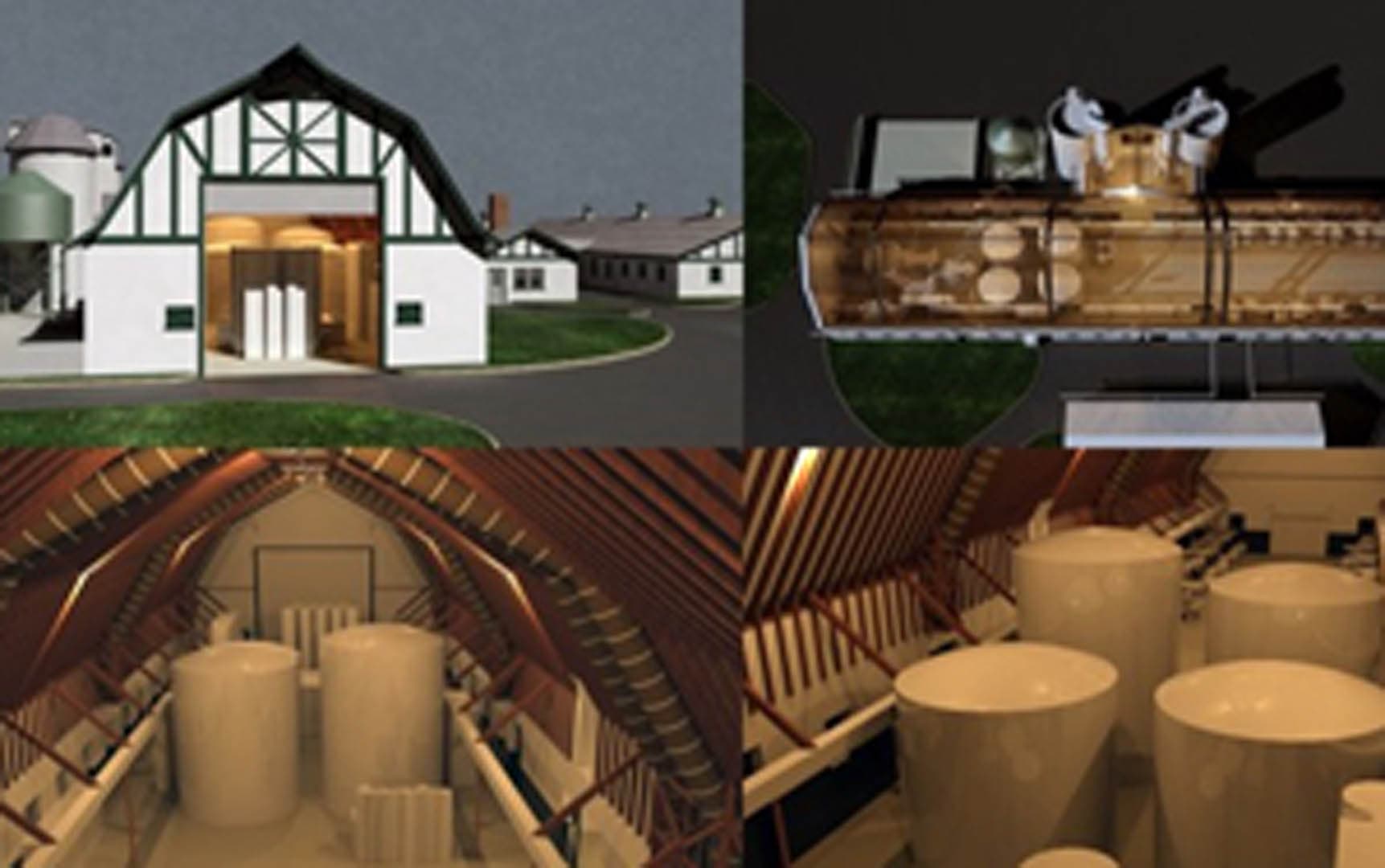 Four-panel 3D rendering composite showing exterior and interior views of a barn-style water treatment facility including tank layouts and process equipment